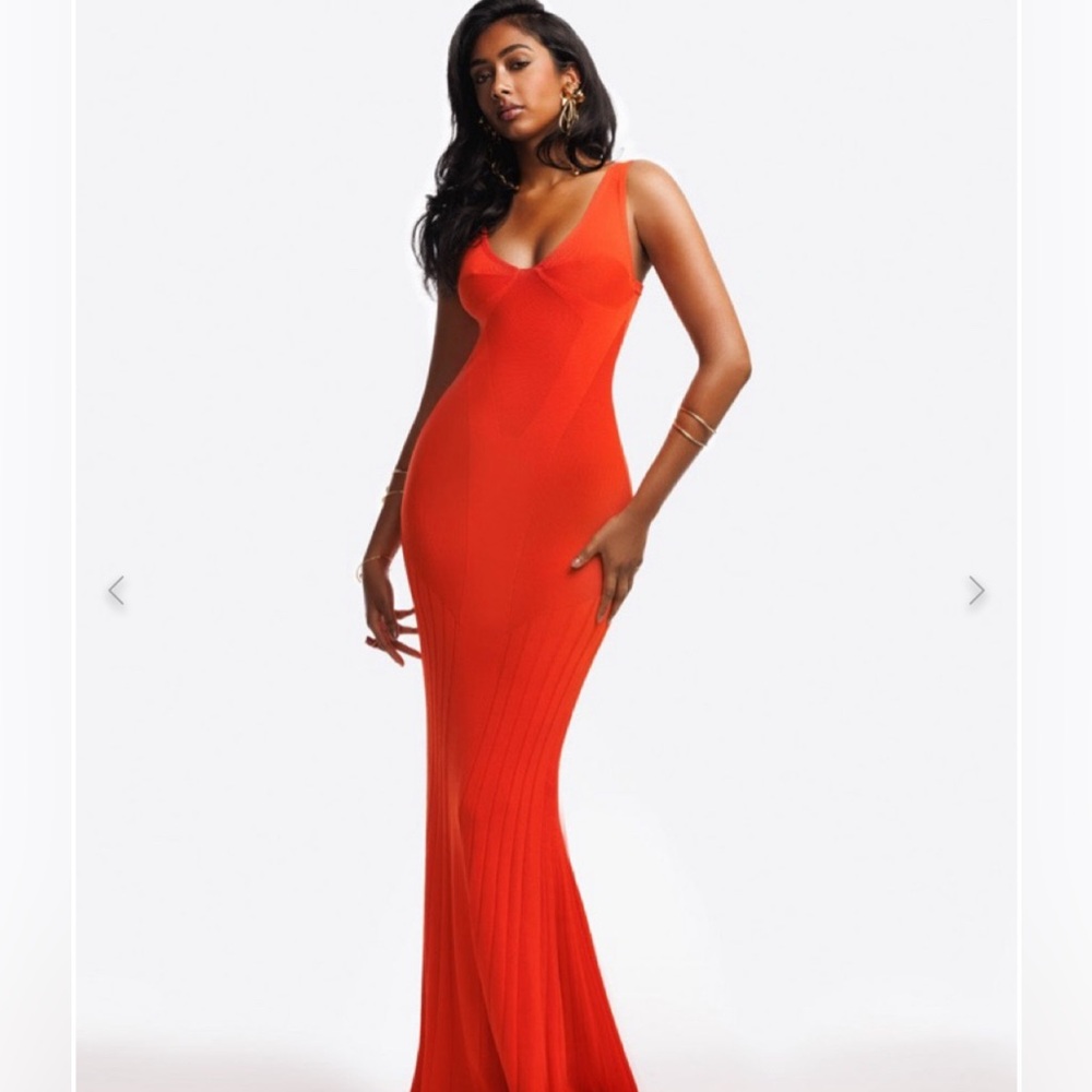 Hanifa Sarai Knit Bodycon Spaghetti Strap Contour Maxi Dress Orange XL